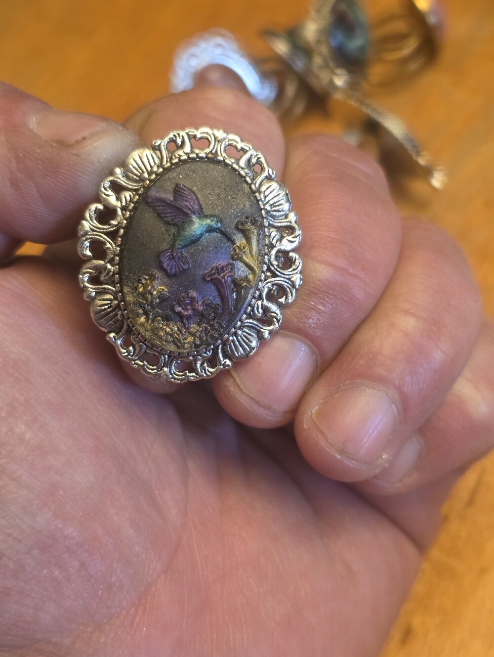 Resin Hummingbird Cabochon In Silver Tone, Adjustable Ring